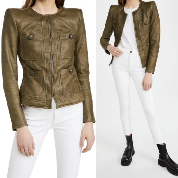 Veronica Beard Shanti Lamb Leather Cropped Jacket Women's Sz 6 Olive Green